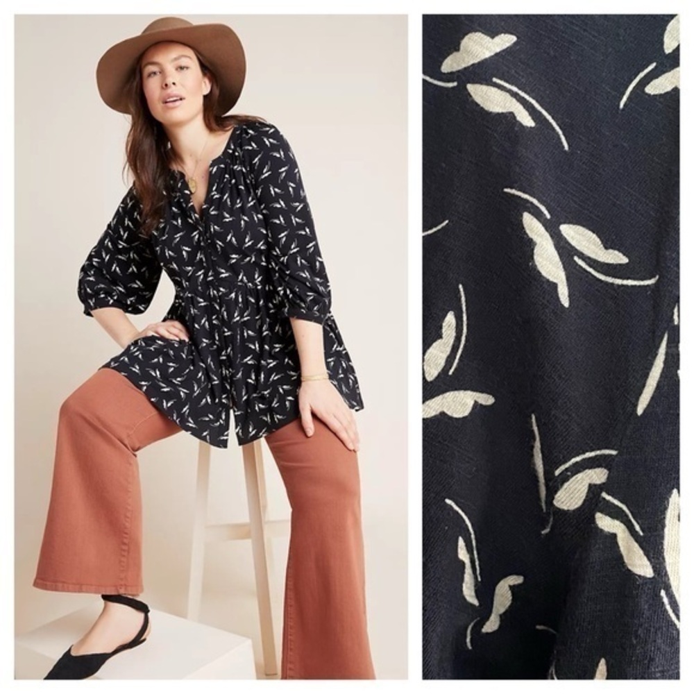Anthropologie Maeve Black White Print Winona Babydoll Tunic